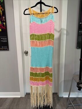 Multi-Color Crochet Fringe Maxi Dress- Pink, Aqua & Olive